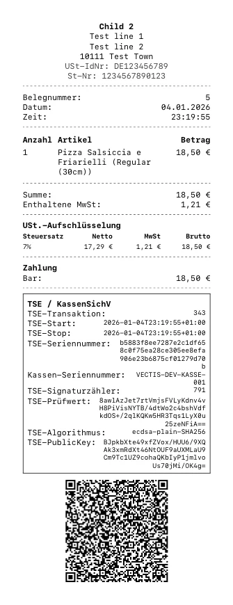 Vectis POS sample receipt with TSE signature and QR code